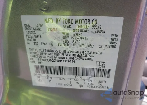 2008 Ford Escape Xls/Xls Manual from USA, damaged, VIN 1FMCU02Z18KC67656